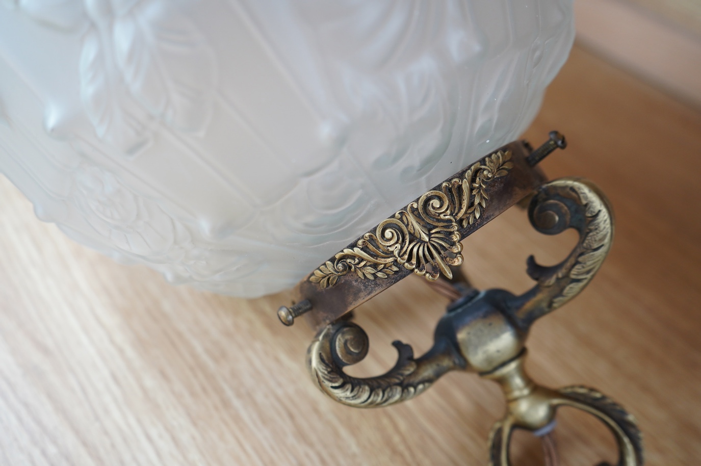 A large French globe pendant with bronze mount, early 20th century, wired, globe including mount 40cm high, diameter 28cm. Condition - good.